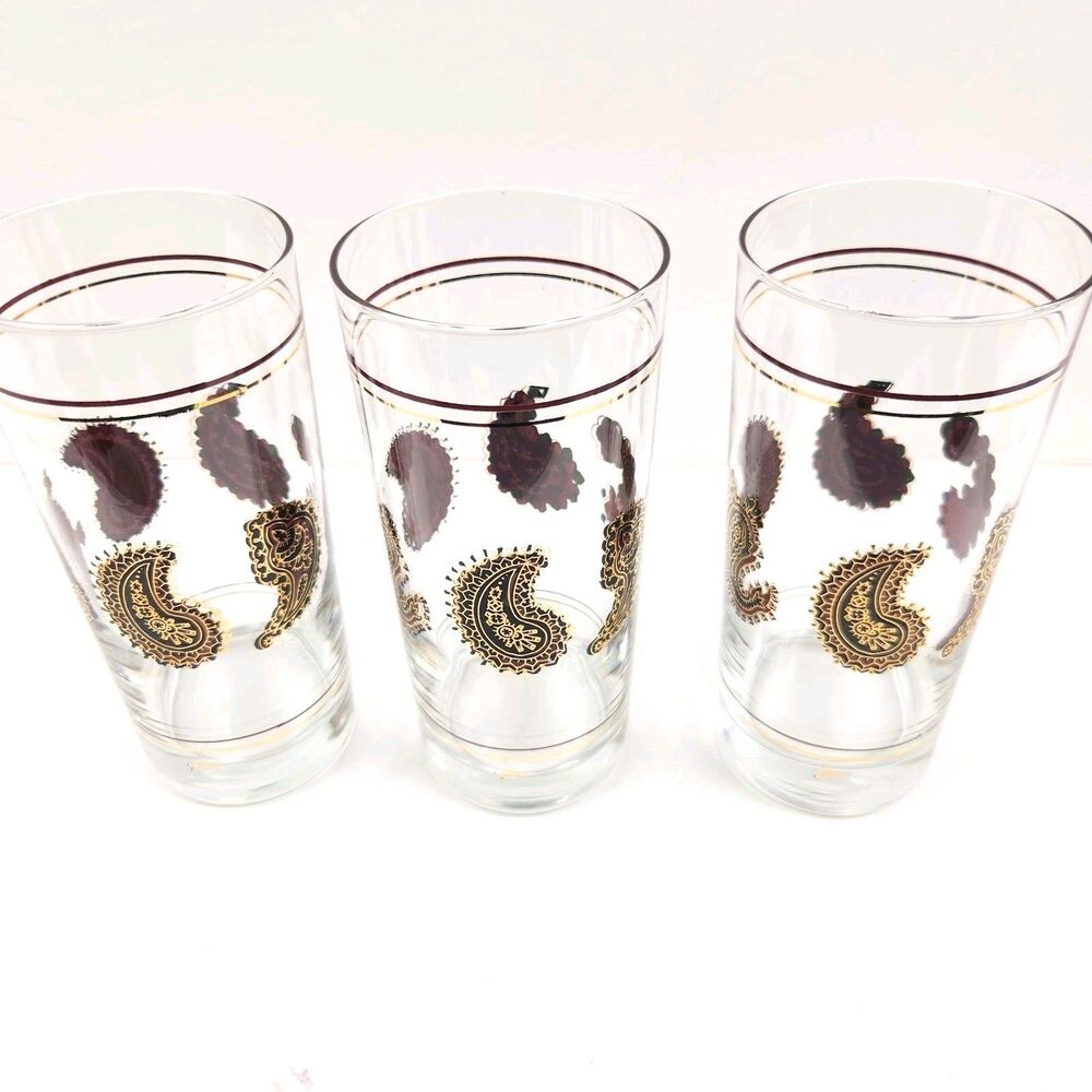 Vintage Paisley Cera Drink Glass Cocktail Hi-Ball Brown & Gold (3)